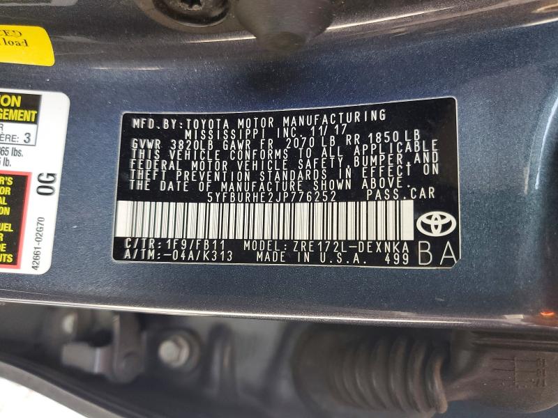 Продажа на аукционе авто 2018 Toyota Corolla, vin: 5YFBURHE2JP776252, номер лота: 65652236