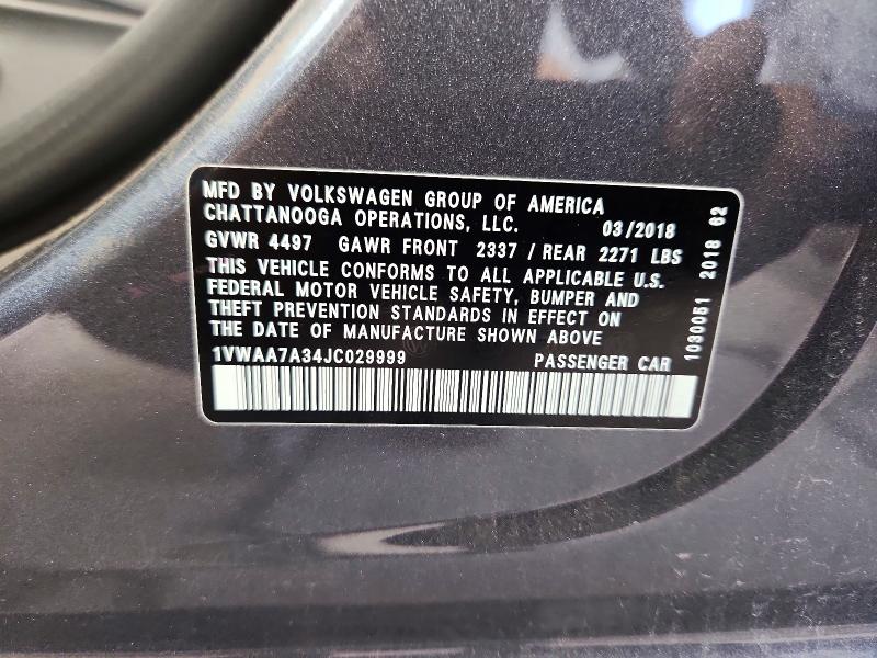 2018 Volkswagen Passat მანქანა იყიდება აუქციონზე, vin: 1VWAA7A34JC029999, აუქციონის ნომერი: 65925866