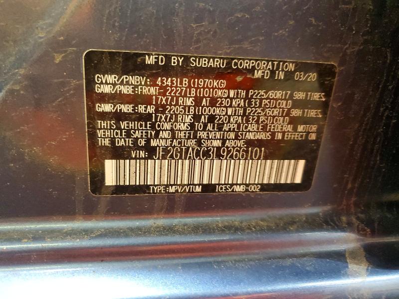 61161426 :رقم المزاد ، JF2GTACC3L9266101 vin ، 2020 Subaru Crosstrek مزاد بيع