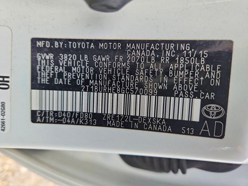 Продаж на аукціоні авто 2016 Toyota Corolla, vin: 2T1BURHE8GC570099, номер лоту: 64015376