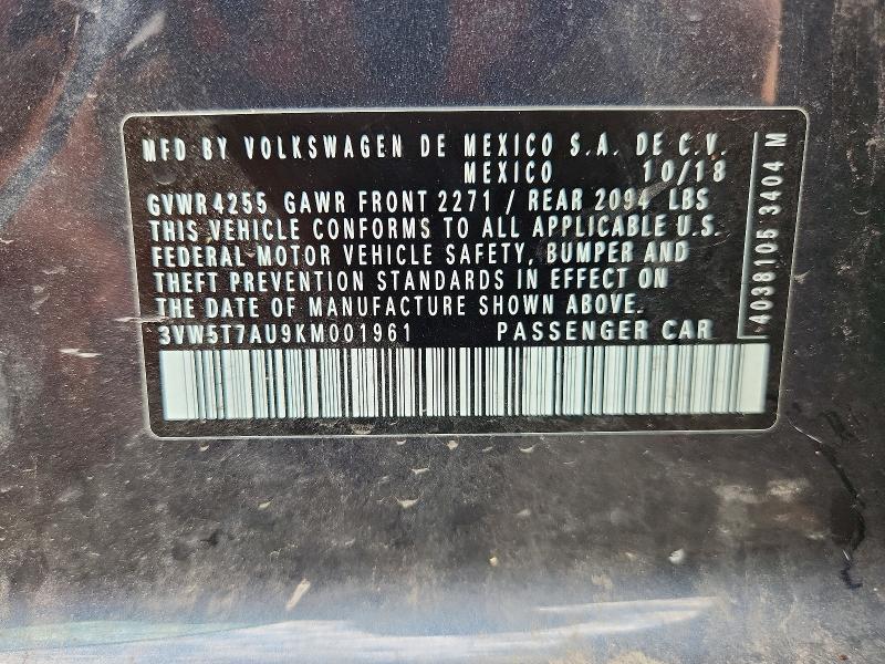 2019 Volkswagen Gti მანქანა იყიდება აუქციონზე, vin: 3VW5T7AU9KM001961, აუქციონის ნომერი: 65809836