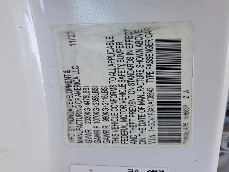 2022 Honda Accord მანქანა იყიდება აუქციონზე, vin: 1HGCV1F3XNA106643, აუქციონის ნომერი: 61792986