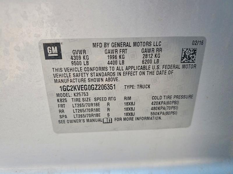 Aukcja sprzedaży 2016 Chevrolet Silverado, vin: 1GC2KVEG0GZ206351, numer aukcji: 63674116