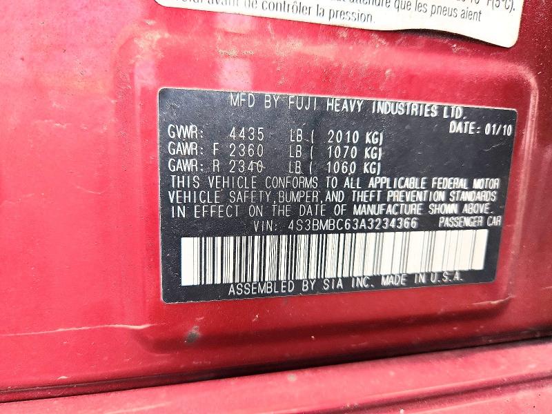 2010 Subaru Legacy მანქანა იყიდება აუქციონზე, vin: 4S3BMBC63A3234366, აუქციონის ნომერი: 62852426