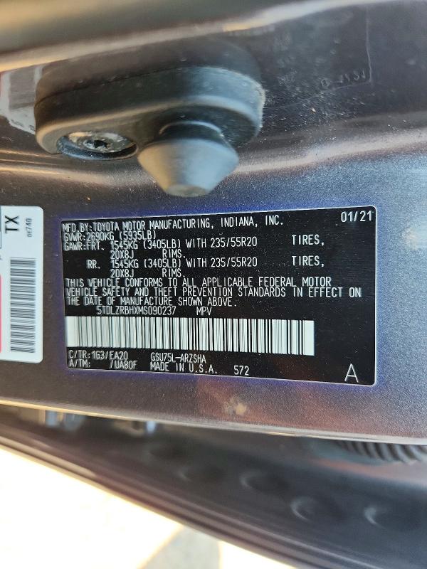 66125136 :رقم المزاد ، 5TDLZRBHXMS090237 vin ، 2021 Toyota Highlander مزاد بيع