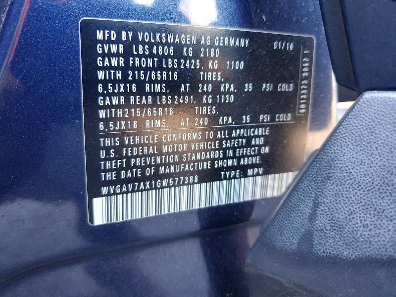 Продажа на аукционе авто 2016 Volkswagen Tiguan, vin: WVGAV7AX1GW577388, номер лота: 65856646
