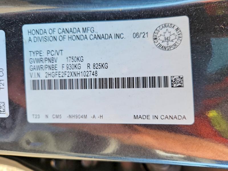 Продажа на аукционе авто 2022 Honda Civic, vin: 2HGFE2F2XNH102748, номер лота: 65262256