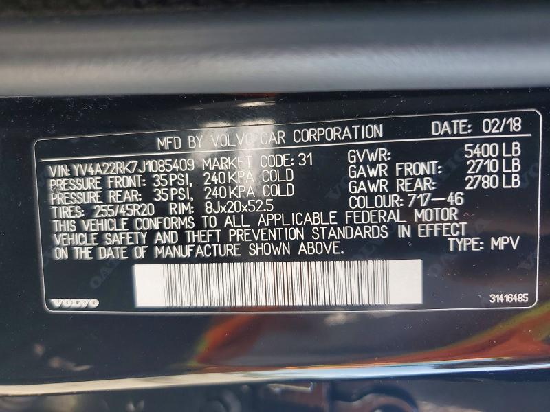 64110916 :رقم المزاد ، YV4A22RK7J1085409 vin ، 2018 Volvo Xc60 مزاد بيع