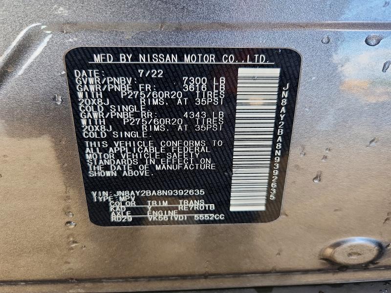 2022 Nissan Armada მანქანა იყიდება აუქციონზე, vin: JN8AY2BA8N9392635, აუქციონის ნომერი: 64662086