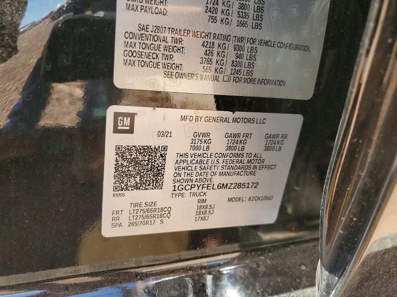 2021 Chevrolet Silverado მანქანა იყიდება აუქციონზე, vin: 1GCPYFEL6MZ285172, აუქციონის ნომერი: 65733976