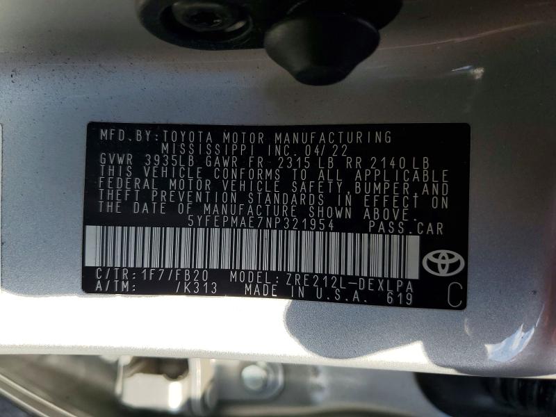 Aukcja sprzedaży 2022 Toyota Corolla, vin: 5YFEPMAE7NP321954, numer aukcji: 66288826