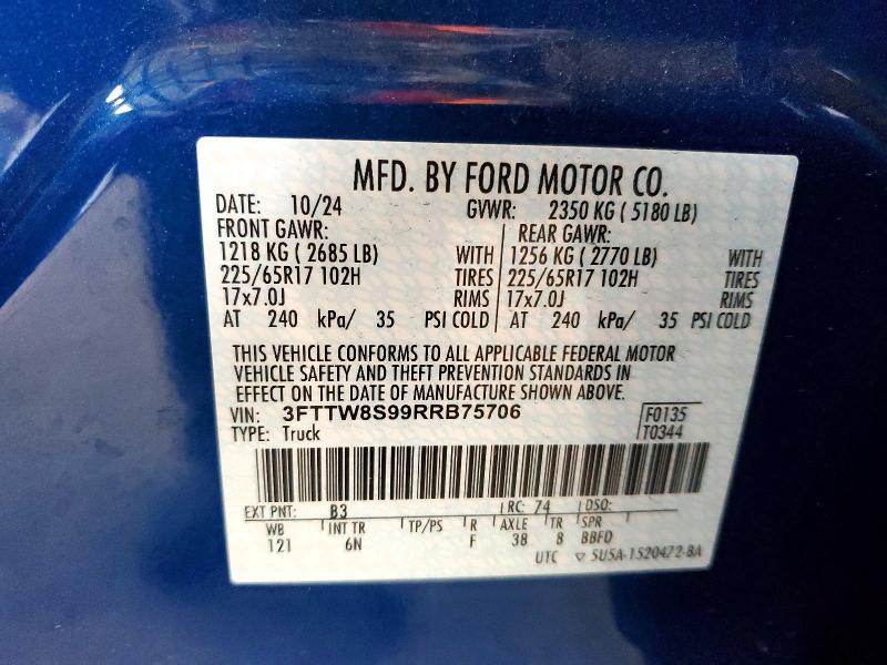 Продаж на аукціоні авто 2024 Ford Maverick, vin: 3FTTW8S99RRB75706, номер лоту: 64962956