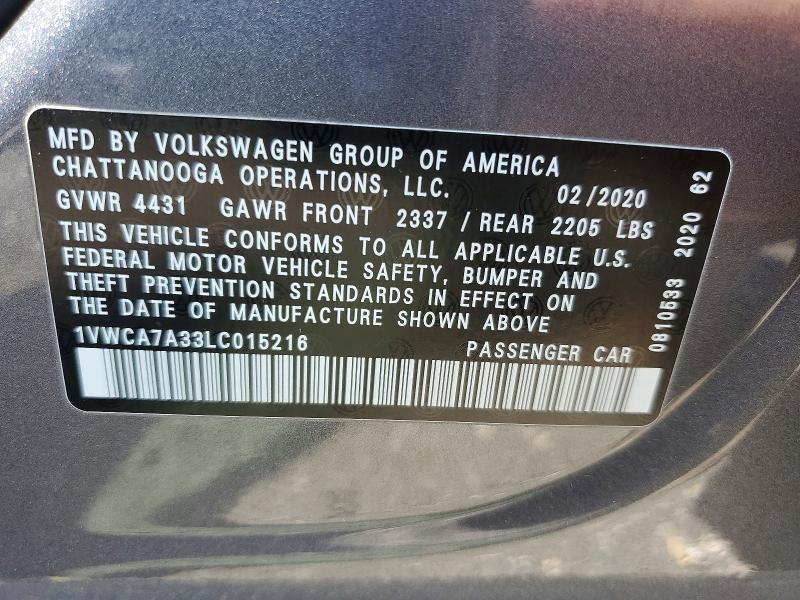 2020 Volkswagen Passat მანქანა იყიდება აუქციონზე, vin: 1VWCA7A33LC015216, აუქციონის ნომერი: 63603276