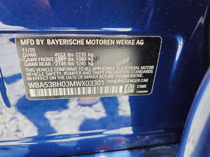 2021 Bmw 530 მანქანა იყიდება აუქციონზე, vin: WBA53BH03MWX03301, აუქციონის ნომერი: 65891346