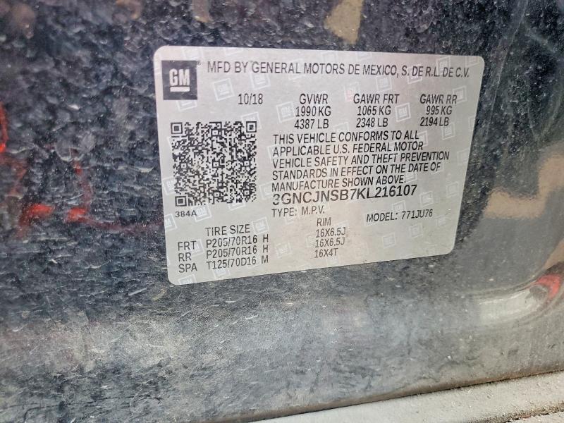 Auction sale of the 2019 Chevrolet Trax, vin: 3GNCJNSB7KL216107, lot number: 64963546
