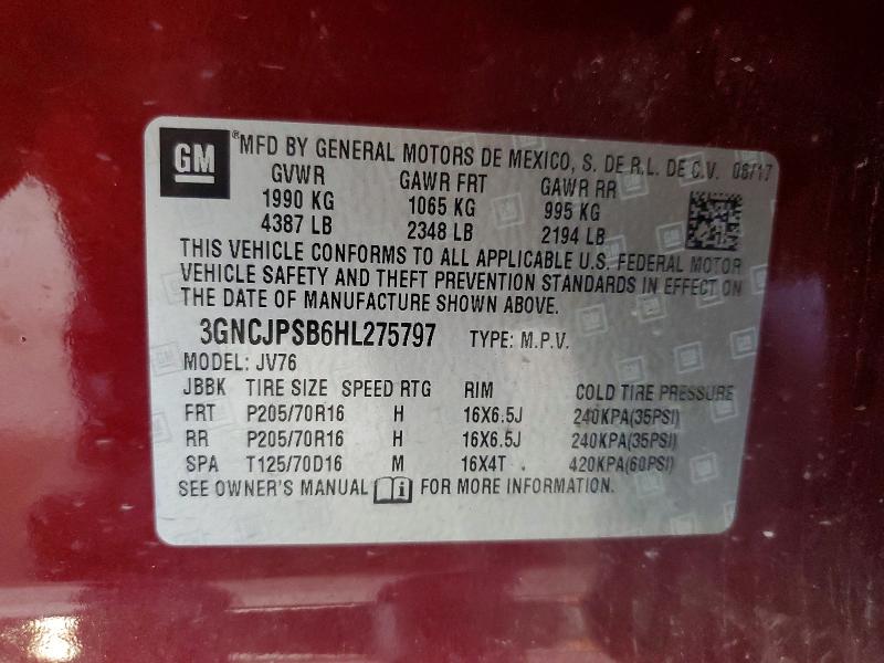 Aukcja sprzedaży 2017 Chevrolet Trax, vin: 3GNCJPSB6HL275797, numer aukcji: 65489266