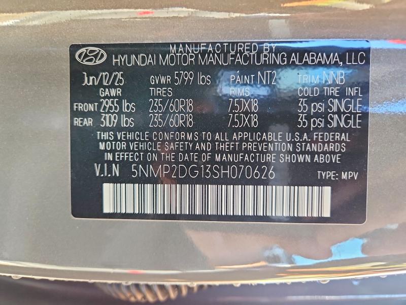 2025 Hyundai Santa Fe მანქანა იყიდება აუქციონზე, vin: 5NMP2DG13SH070626, აუქციონის ნომერი: 65720736