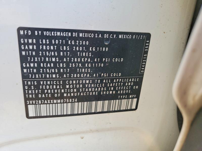 63929126 :رقم المزاد ، 3VV2B7AXXMM075834 vin ، 2021 Volkswagen Tiguan مزاد بيع