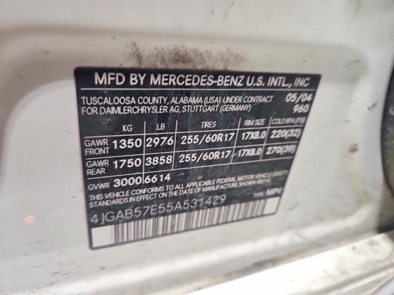 65410756 :رقم المزاد ، 4JGAB57E55A531429 vin ، 2005 Mercedes-benz Ml مزاد بيع