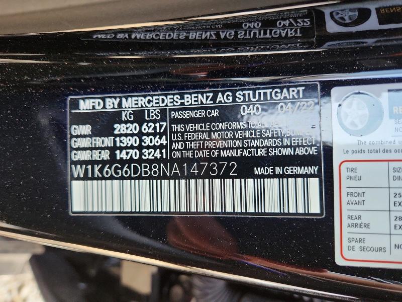 2022 Mercedes-benz S მანქანა იყიდება აუქციონზე, vin: W1K6G6DB8NA147372, აუქციონის ნომერი: 64988656