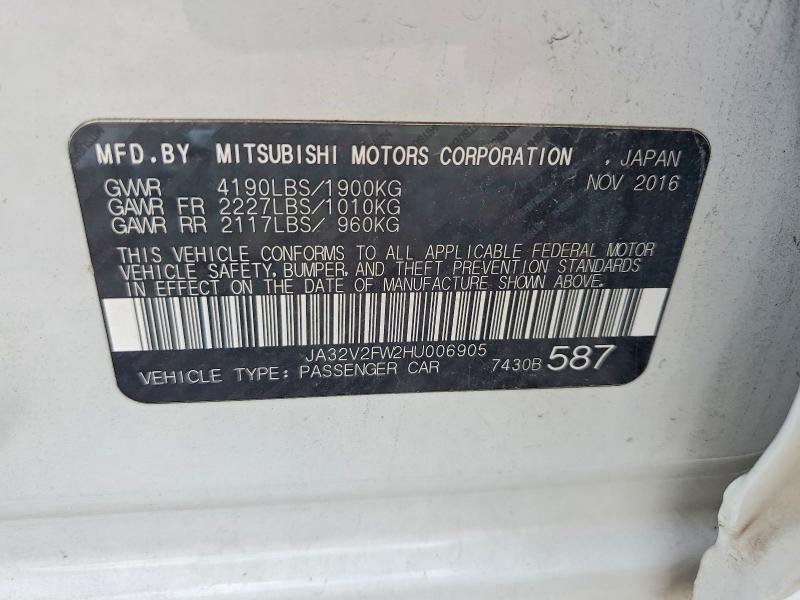 2017 Mitsubishi Lancer მანქანა იყიდება აუქციონზე, vin: JA32V2FW2HU006905, აუქციონის ნომერი: 63636816