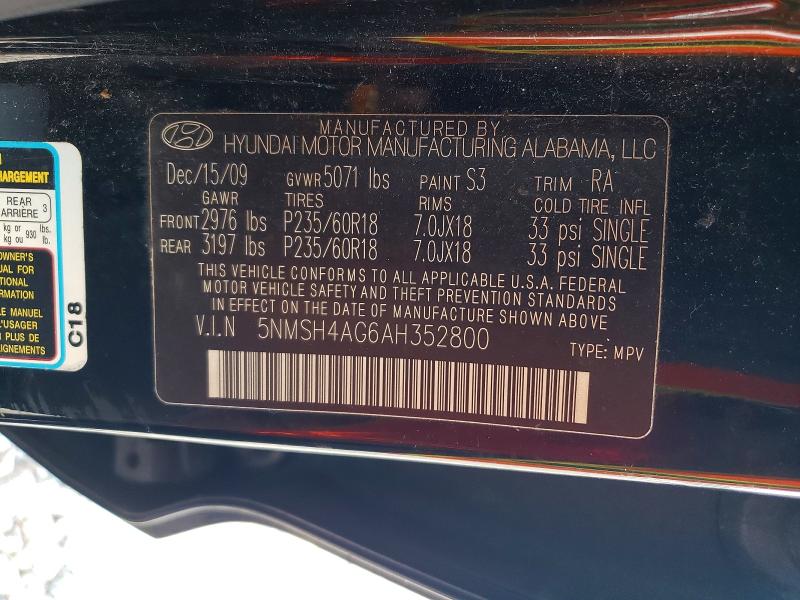 Aukcja sprzedaży 2010 Hyundai Santa Fe, vin: 5NMSH4AG6AH352800, numer aukcji: 65164676