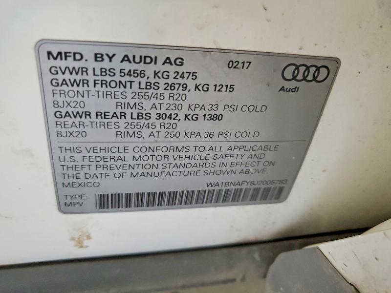 2018 Audi Q5 მანქანა იყიდება აუქციონზე, vin: WA1BNAFY8J2005783, აუქციონის ნომერი: 64507516