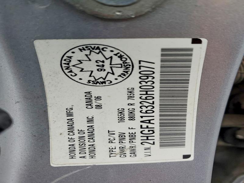 Aukcja sprzedaży 2006 Honda Civic, vin: 2HGFA16326H039077, numer aukcji: 64709096