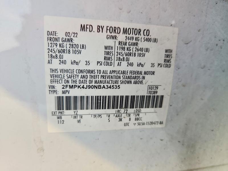 2022 Ford Edge მანქანა იყიდება აუქციონზე, vin: 2FMPK4J90NBA34535, აუქციონის ნომერი: 63531596