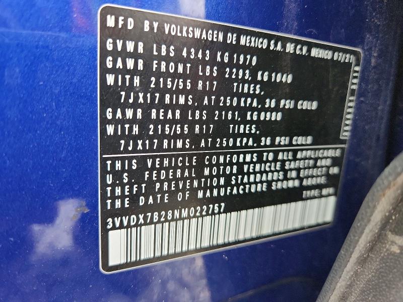 2022 Volkswagen Taos მანქანა იყიდება აუქციონზე, vin: 3VVDX7B28NM022757, აუქციონის ნომერი: 65801656