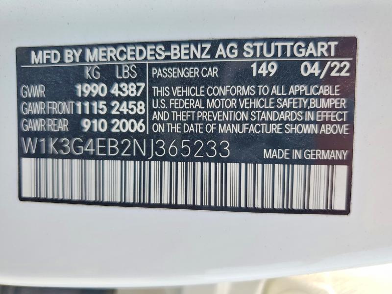 Продаж на аукціоні авто 2022 Mercedes-benz A, vin: W1K3G4EB2NJ365233, номер лоту: 63444726