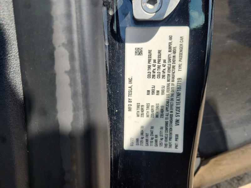 2022 Tesla Model 3 მანქანა იყიდება აუქციონზე, vin: 5YJ3E1EA7NF187719, აუქციონის ნომერი: 63419806