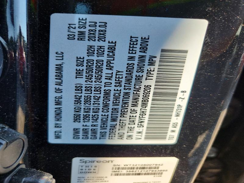 63750076 :رقم المزاد ، 5FNYF6H74MB069206 vin ، 2021 Honda Pilot مزاد بيع