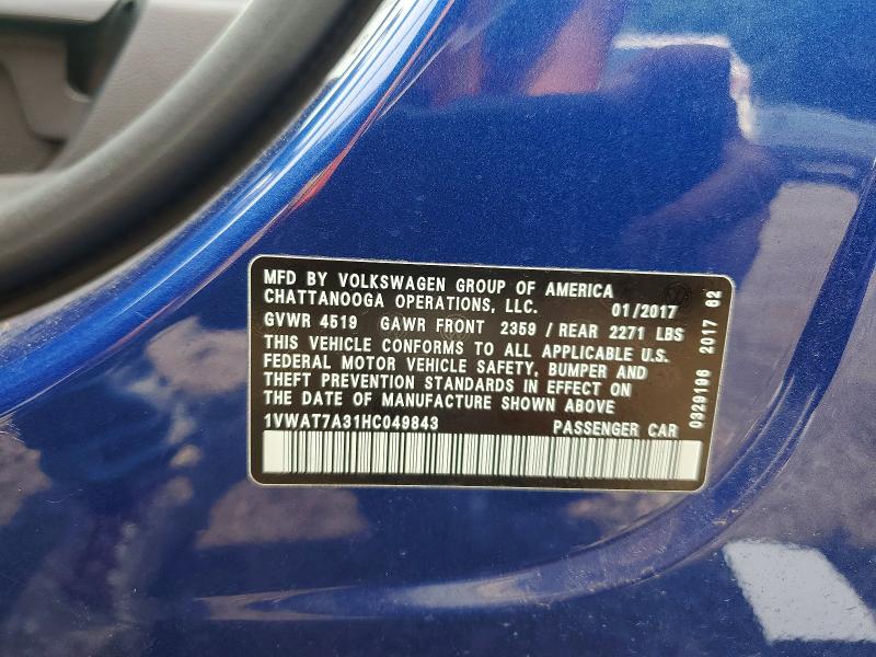 2017 Volkswagen Passat მანქანა იყიდება აუქციონზე, vin: 1VWAT7A31HC049843, აუქციონის ნომერი: 64374866