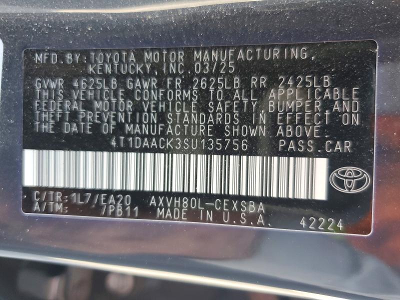 66840146 :رقم المزاد ، 4T1DAACK3SU135756 vin ، 2025 Toyota Camry مزاد بيع
