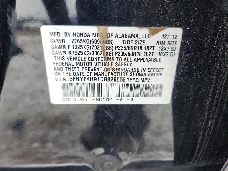 66800476 :رقم المزاد ، 5FNYF4H91DB026058 vin ، 2013 Honda Pilot مزاد بيع