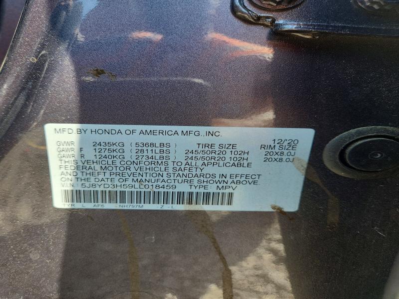 2020 Acura Mdx მანქანა იყიდება აუქციონზე, vin: 5J8YD3H59LL018459, აუქციონის ნომერი: 65208996