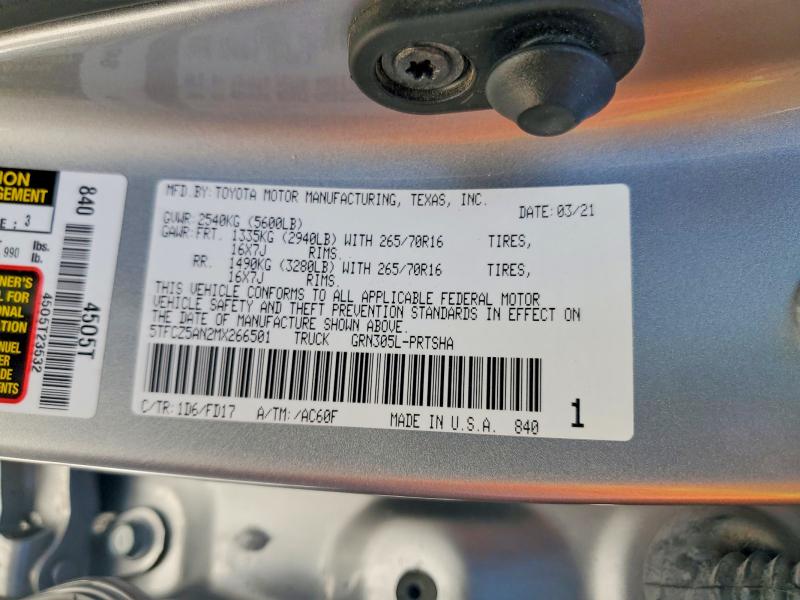 2021 Toyota Tacoma მანქანა იყიდება აუქციონზე, vin: 5TFCZ5AN2MX266501, აუქციონის ნომერი: 65641946