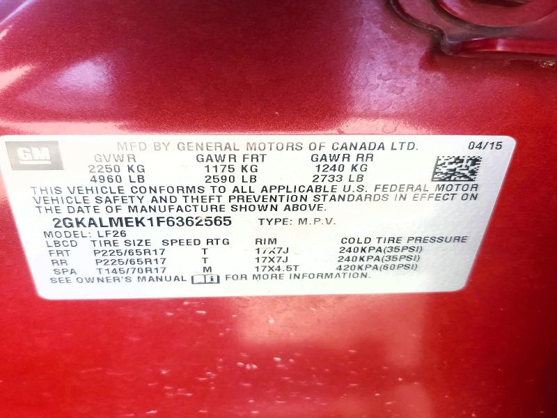Aukcja sprzedaży 2015 Gmc Terrain, vin: 2GKALMEK1F6362565, numer aukcji: 66020256
