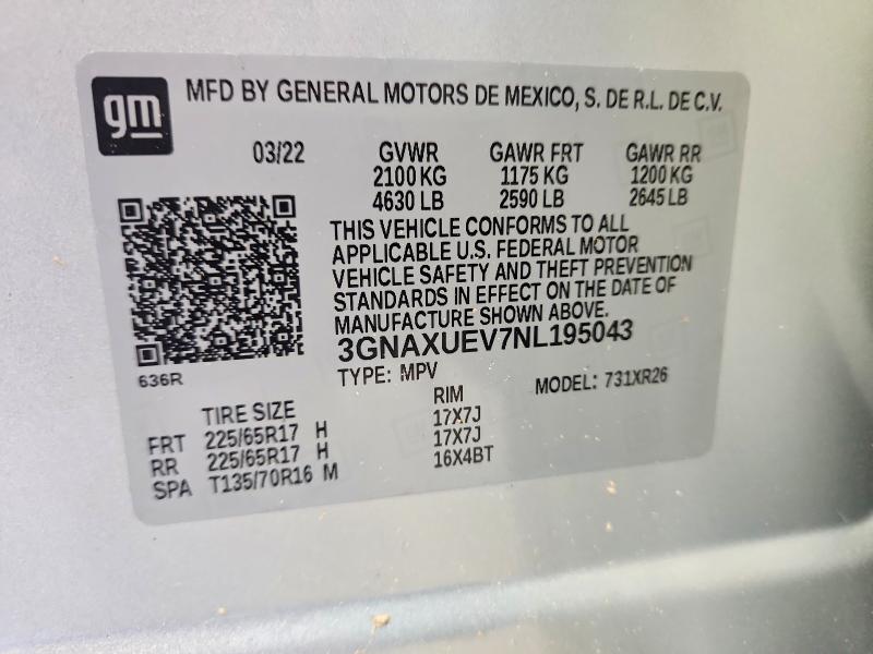 64270836 :رقم المزاد ، 3GNAXUEV7NL195043 vin ، 2022 Chevrolet Equinox مزاد بيع