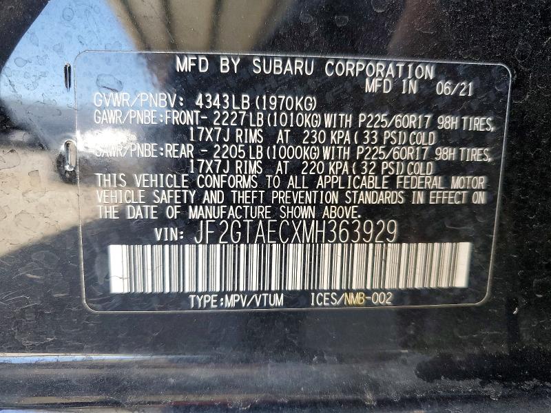 64079156 :رقم المزاد ، JF2GTAECXMH363929 vin ، 2021 Subaru Crosstrek مزاد بيع