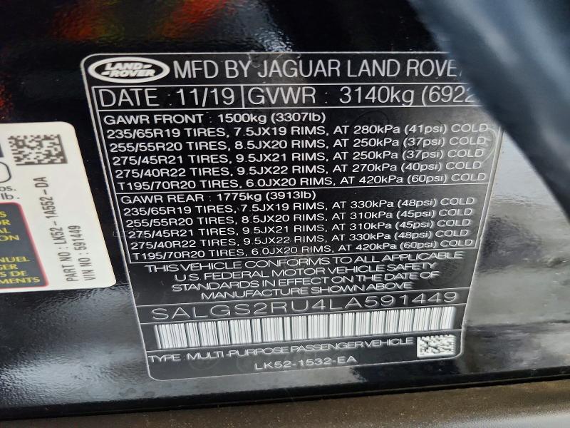 Aukcja sprzedaży 2020 Land Rover Range Rover, vin: SALGS2RU4LA591449, numer aukcji: 66320566