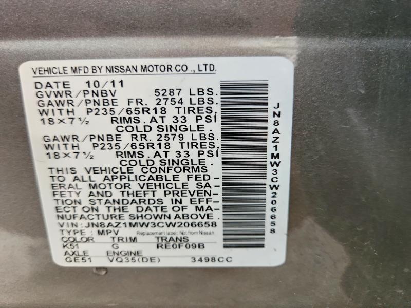 Продаж на аукціоні авто 2012 Nissan Murano, vin: JN8AZ1MW3CW206658, номер лоту: 66167826