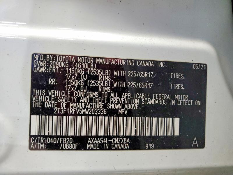 2021 Toyota Rav4 მანქანა იყიდება აუქციონზე, vin: 2T3F1RFV5MW203336, აუქციონის ნომერი: 64283196