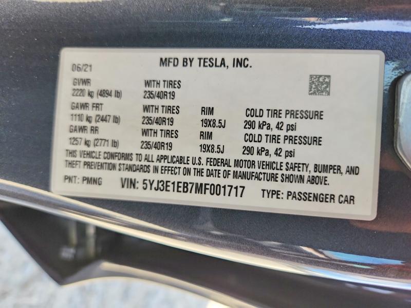 66148636 :رقم المزاد ، 5YJ3E1EB7MF001717 vin ، 2021 Tesla Model 3 مزاد بيع