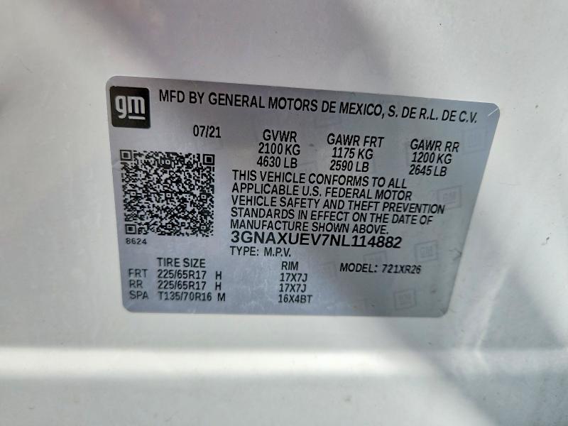 Продаж на аукціоні авто 2022 Chevrolet Equinox, vin: 3GNAXUEV7NL114882, номер лоту: 65818916