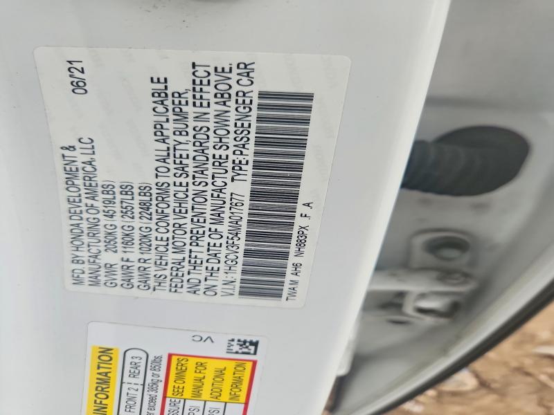 2021 Honda Accord მანქანა იყიდება აუქციონზე, vin: 1HGCV3F54MA017677, აუქციონის ნომერი: 63933776