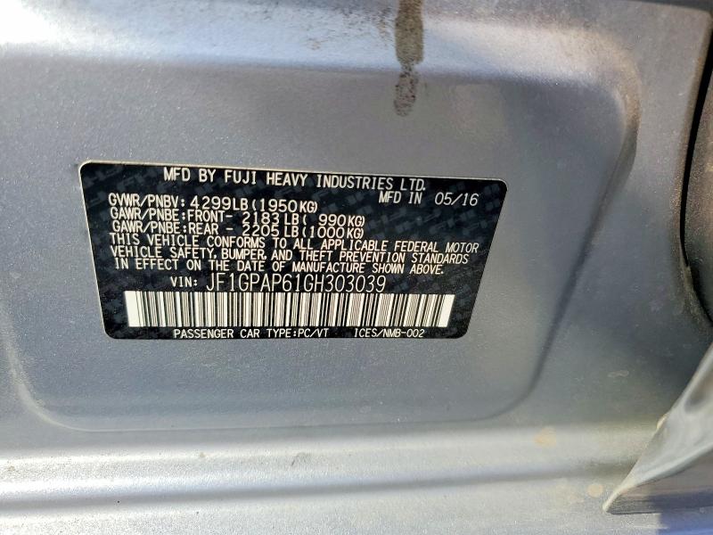 Aukcja sprzedaży 2016 Subaru Impreza, vin: JF1GPAP61GH303039, numer aukcji: 64143116