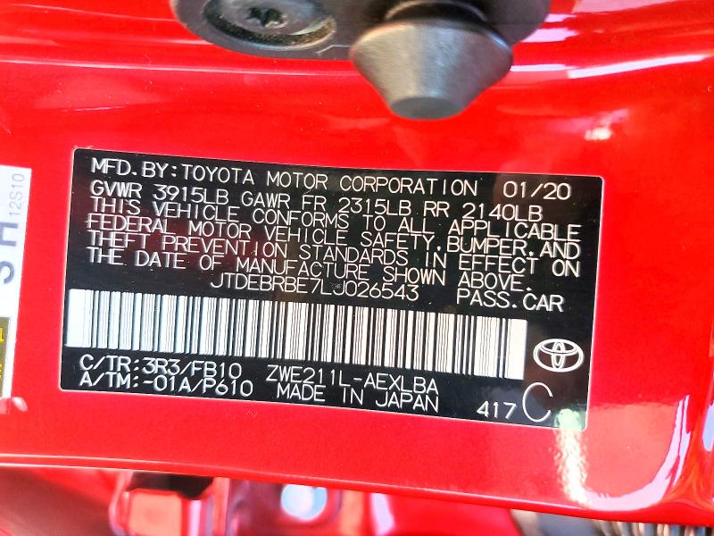 2020 Toyota Corolla მანქანა იყიდება აუქციონზე, vin: JTDEBRBE7LJ026543, აუქციონის ნომერი: 65507086