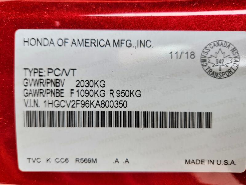 65059976 :رقم المزاد ، 1HGCV2F96KA800350 vin ، 2019 Honda Accord مزاد بيع